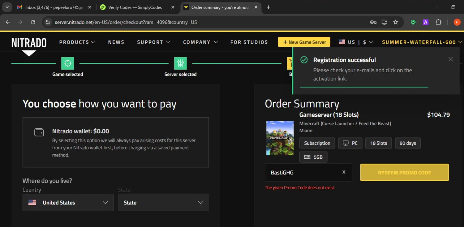 Nitrado promo code screenshot showing code BastiGHG applied at Nitrado checkout page. Uploaded by SimplyCodes community member Eminem on Sep 18, 2025