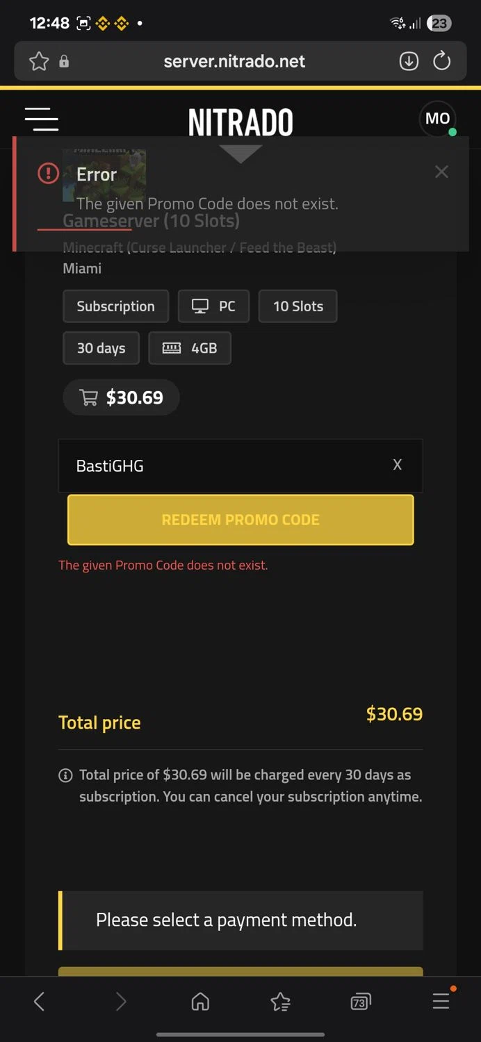 Nitrado promo code screenshot showing code BastiGHG applied at Nitrado checkout page. Uploaded by SimplyCodes community member Carbon132 on Sep 18, 2025