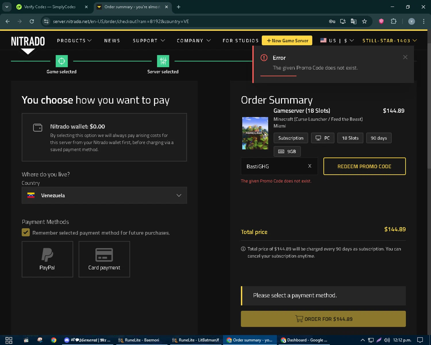 Nitrado promo code screenshot showing code BastiGHG applied at Nitrado checkout page. Uploaded by SimplyCodes community member charmander589 on Sep 18, 2025