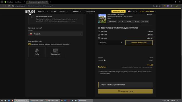 Nitrado checkout page showing Nitrado promo code box | Screenshot taken by SimplyCodes community member on Sep 15, 2025