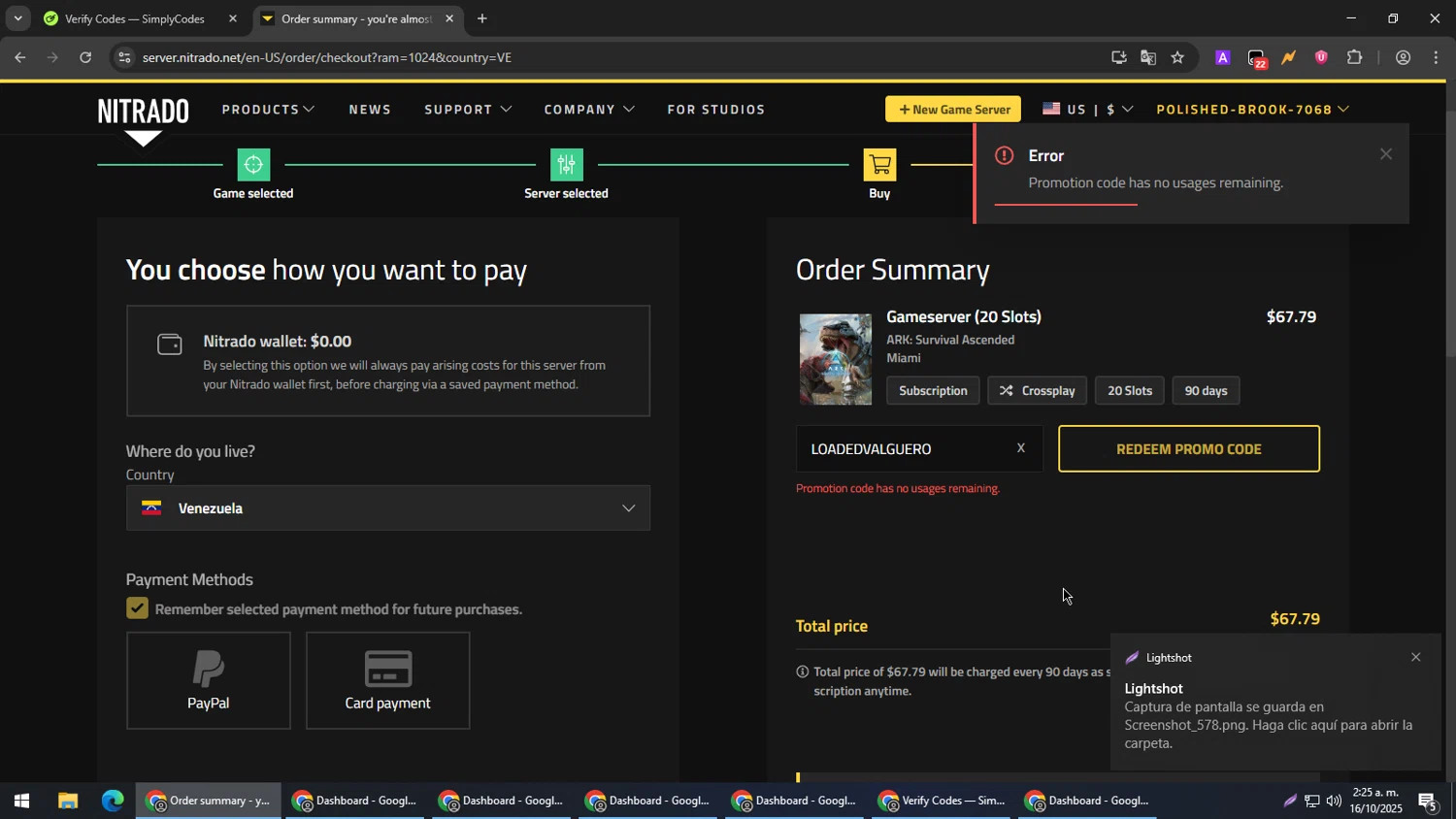 Nitrado promo code screenshot showing code LOADEDVALGUERO applied at Nitrado checkout page. Uploaded by SimplyCodes community member RebateCaptain6440 on Oct 16, 2025