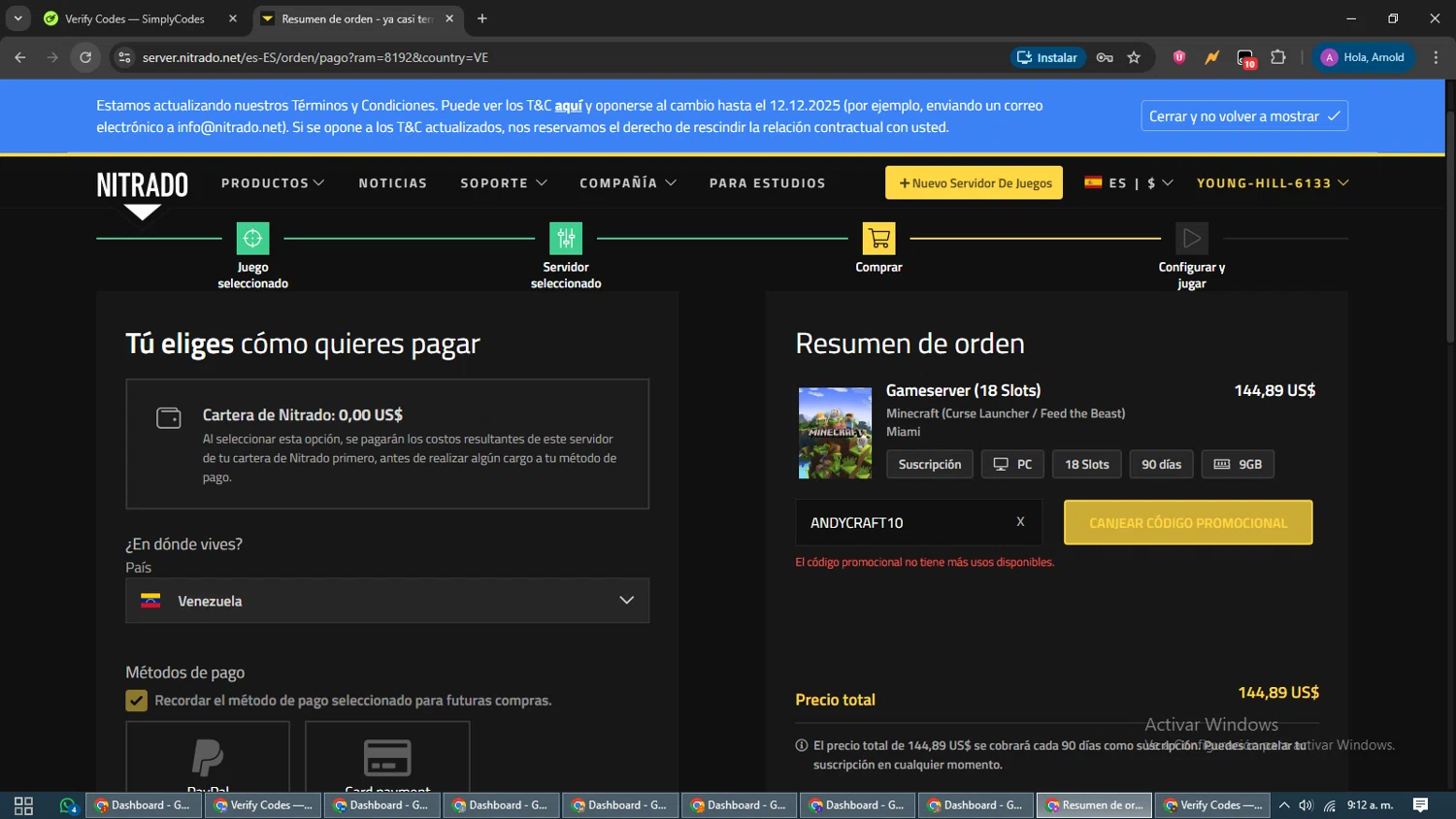 Nitrado promo code screenshot showing code ANDYCRAFT10 applied at Nitrado checkout page. Uploaded by SimplyCodes community member CouponScout5403 on Dec 10, 2025