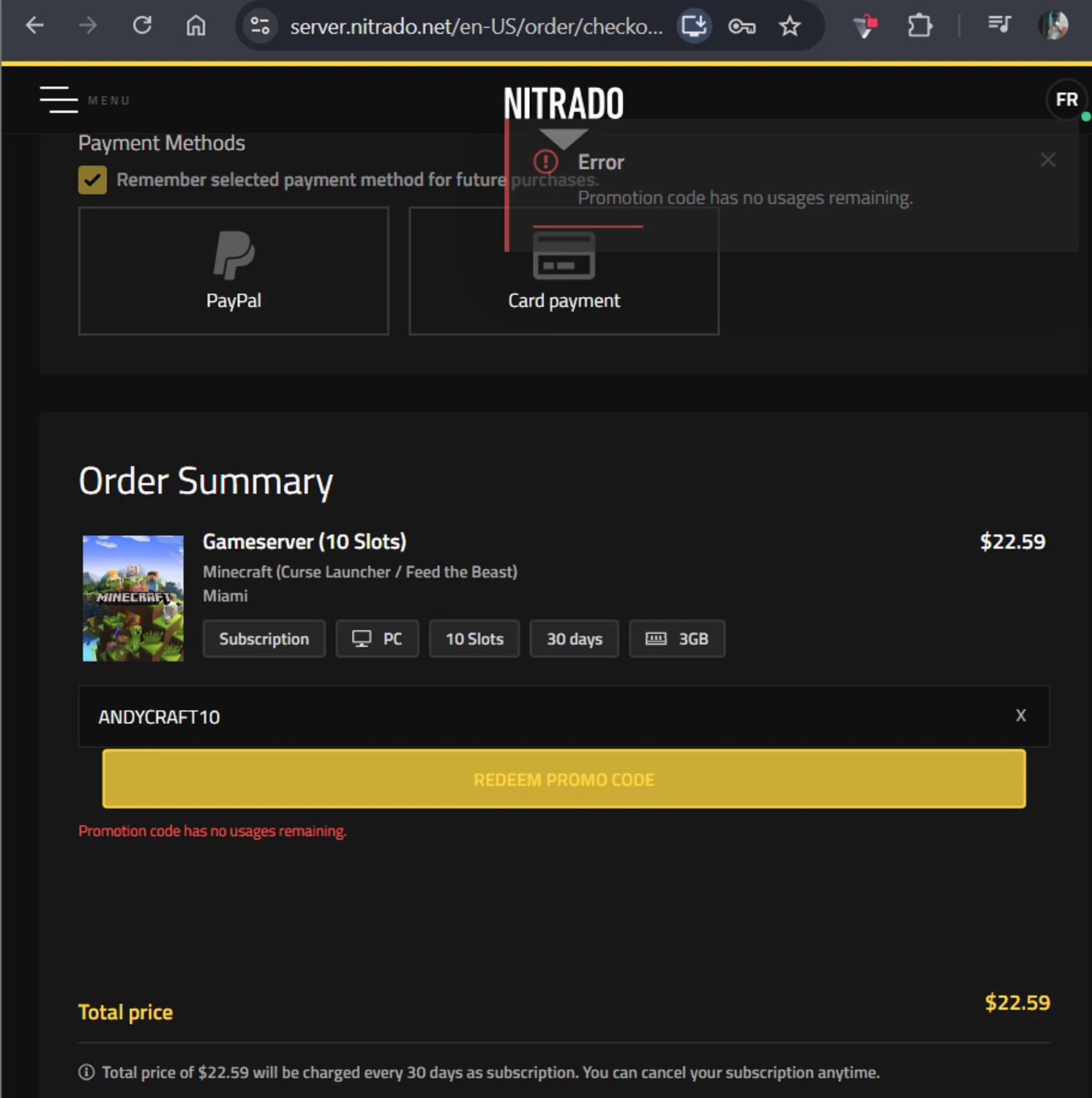 Nitrado promo code screenshot showing code ANDYCRAFT10 applied at Nitrado checkout page. Uploaded by SimplyCodes community member WonderExpert2552 on Dec 10, 2025