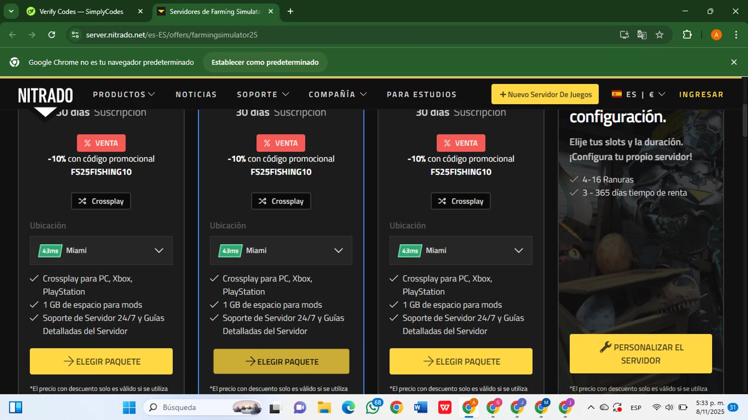 Nitrado promo code screenshot showing code FS25FISHING10 applied at Nitrado checkout page. Uploaded by SimplyCodes community member AlfredoBonifacio on Nov 8, 2025