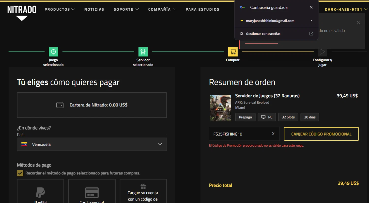 Nitrado promo code screenshot showing code FS25FISHING10 applied at Nitrado checkout page. Uploaded by SimplyCodes community member CodeVirtuoso1353 on Nov 7, 2025