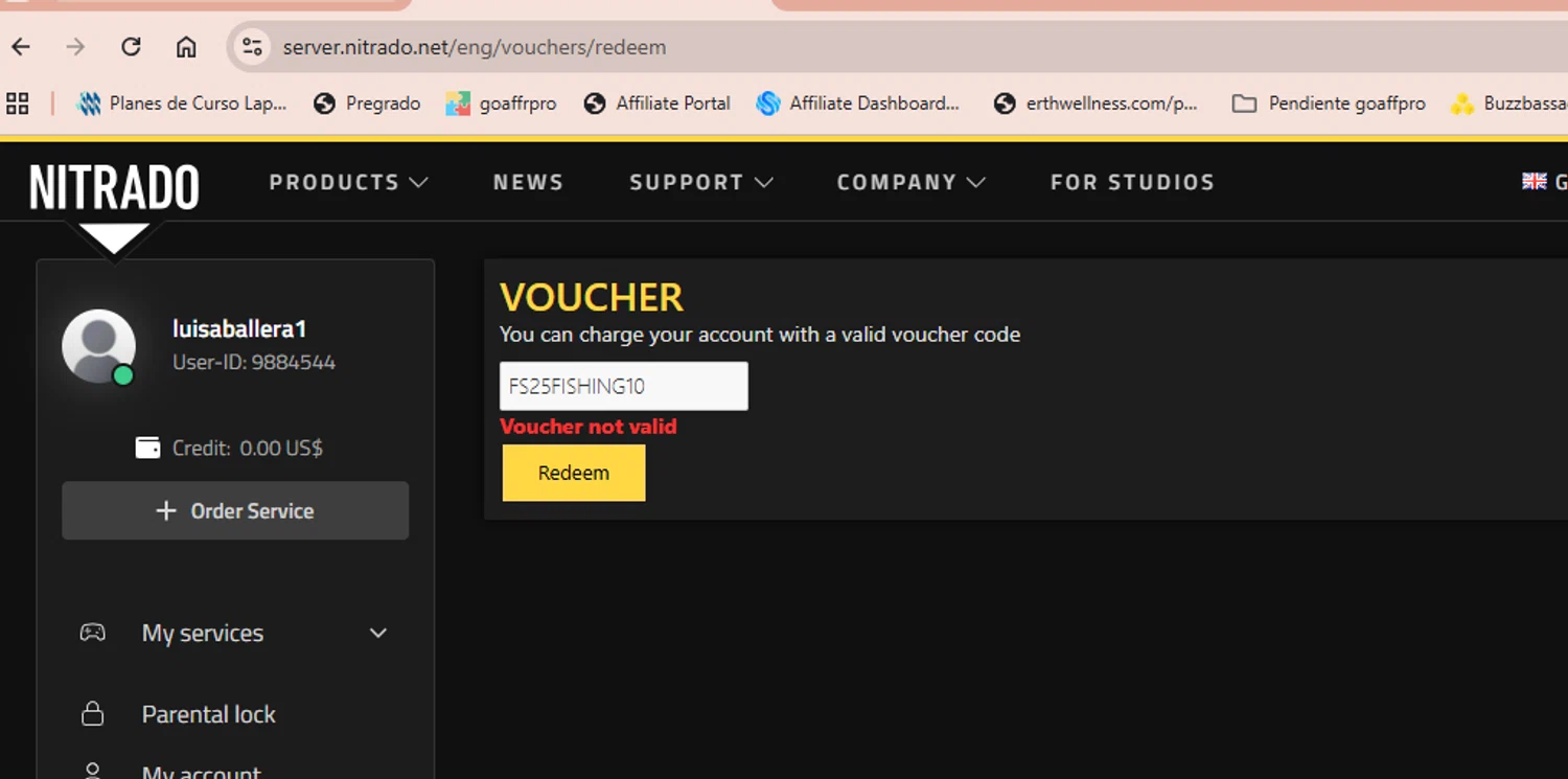 Nitrado promo code screenshot showing code FS25FISHING10 applied at Nitrado checkout page. Uploaded by SimplyCodes community member luisaballera on Nov 7, 2025