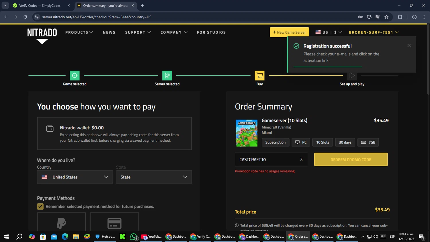 Nitrado promo code screenshot showing code CASTCRAFT10 applied at Nitrado checkout page. Uploaded by SimplyCodes community member MoneyPilot9165 on Dec 12, 2025