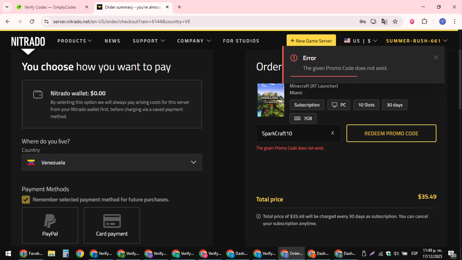 Nitrado promo code screenshot showing code SparkCraft10 applied at Nitrado checkout page. Uploaded by SimplyCodes community member snidertom8 on Dec 18, 2025