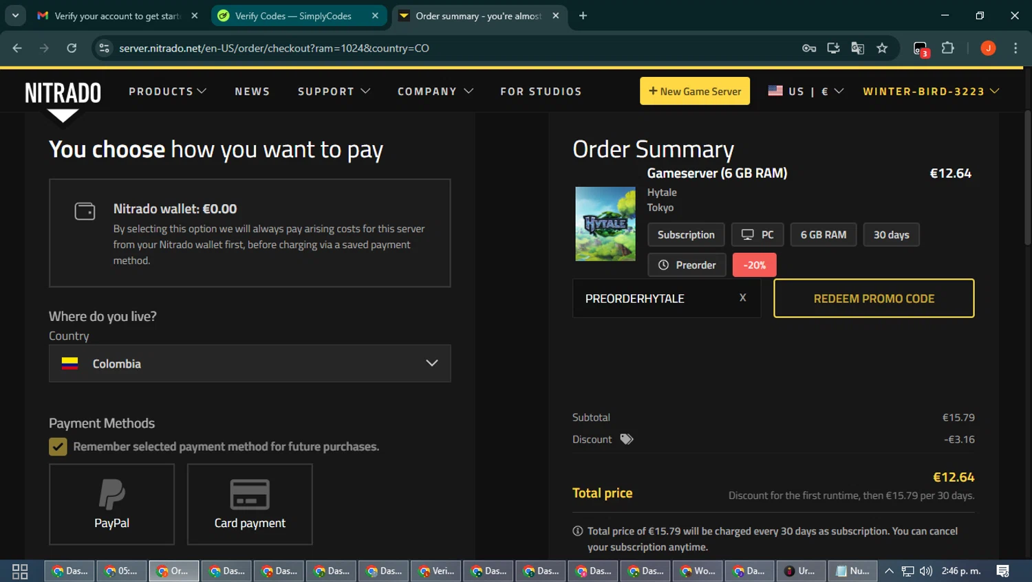 Nitrado promo code screenshot showing code PREORDERHYTALE applied at Nitrado checkout page. Uploaded by SimplyCodes community member NobleAce2304 on Dec 29, 2025