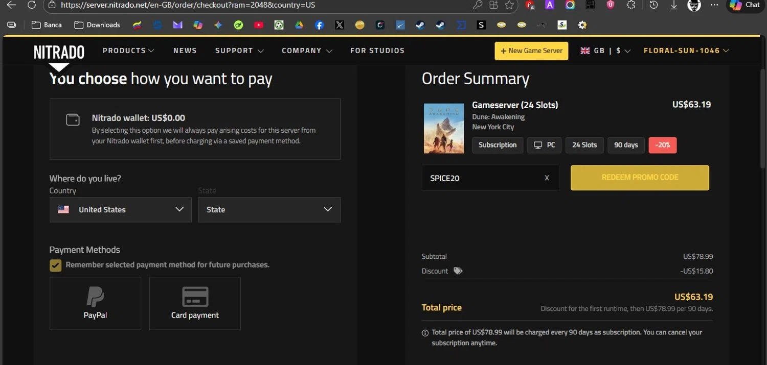 Nitrado checkout page showing Nitrado promo code box | Screenshot taken by SimplyCodes community member on Feb 14, 2026