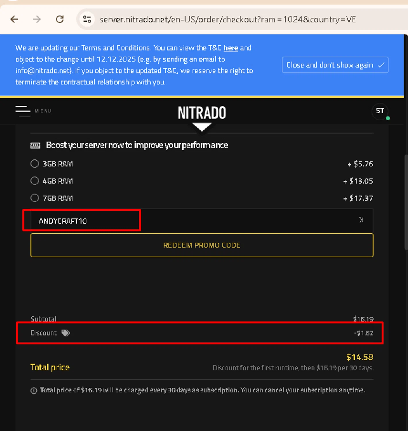 Nitrado promo code screenshot showing code ANDYCRAFT10 applied at Nitrado checkout page. Uploaded by SimplyCodes community member AMANDA2681 on Nov 18, 2025