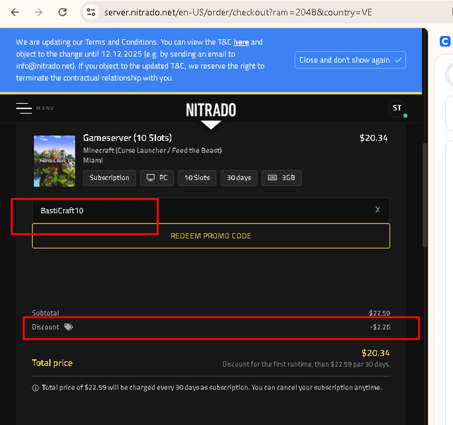 Nitrado promo code screenshot showing code BastiCraft10 applied at Nitrado checkout page. Uploaded by SimplyCodes community member AMANDA2681 on Nov 18, 2025