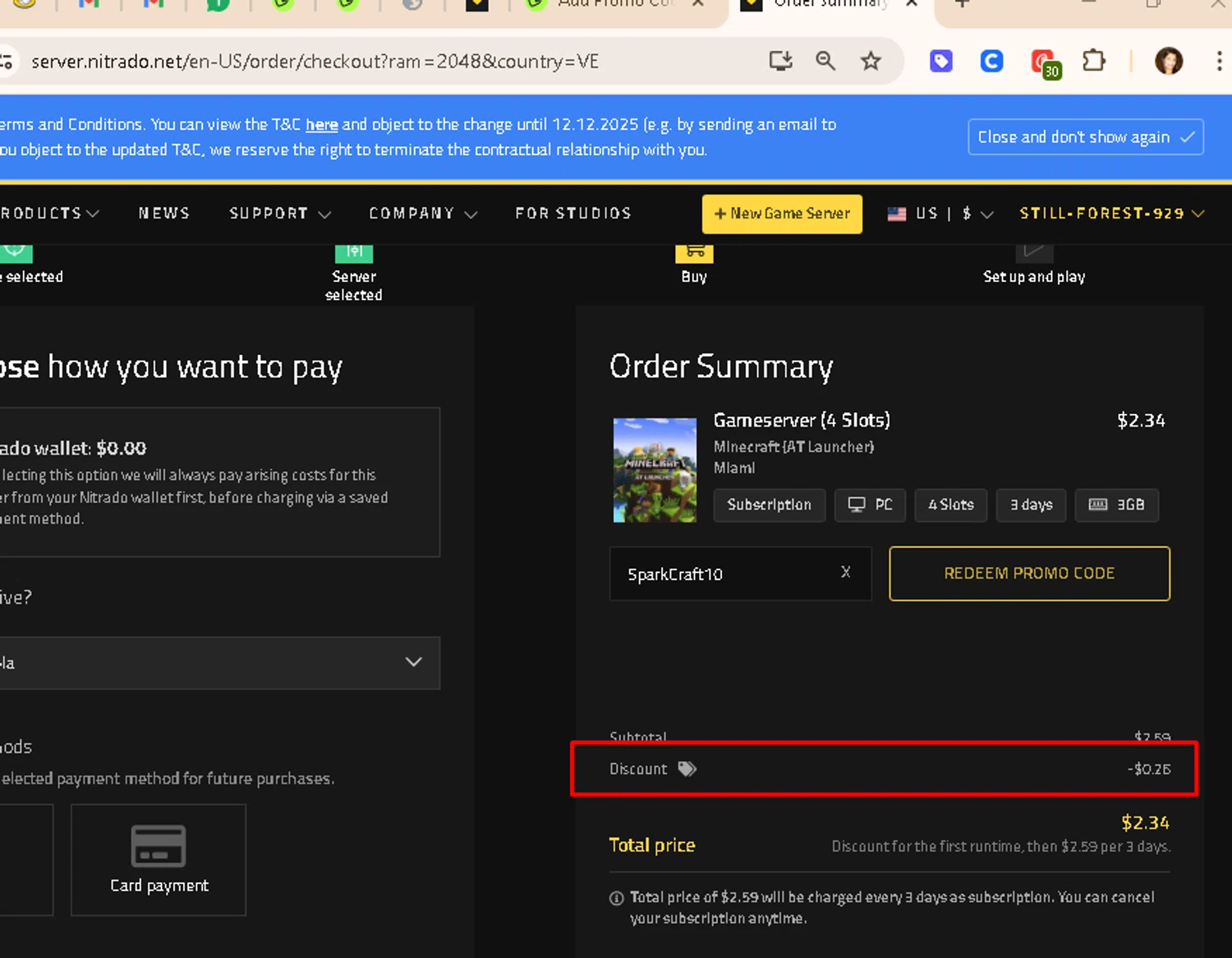 Nitrado promo code screenshot showing code SparkCraft10 applied at Nitrado checkout page. Uploaded by SimplyCodes community member AMANDA2681 on Dec 12, 2025