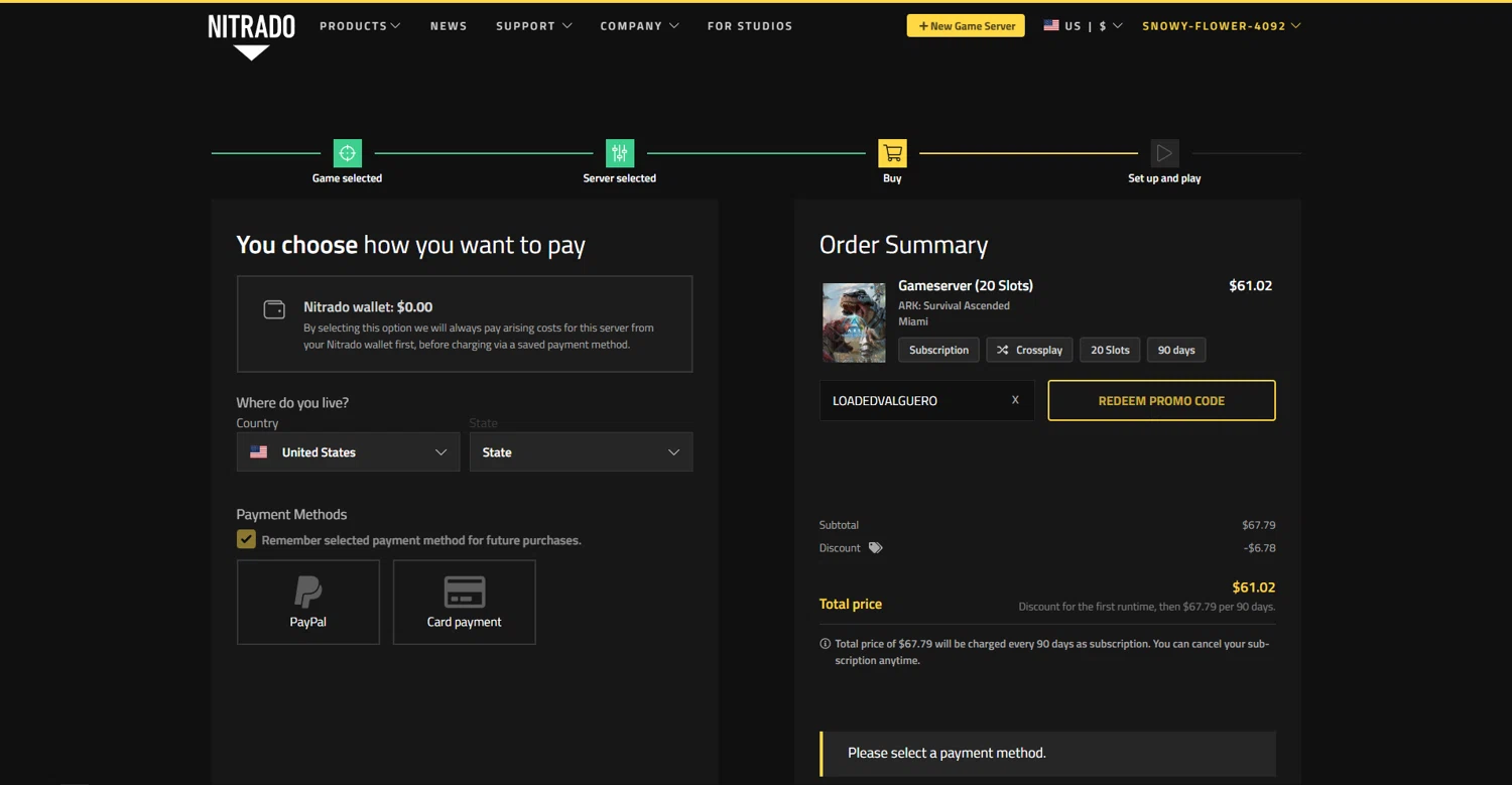 Nitrado promo code screenshot showing code LOADEDVALGUERO applied at Nitrado checkout page. Uploaded by SimplyCodes community member vctr7w7x on Oct 9, 2025
