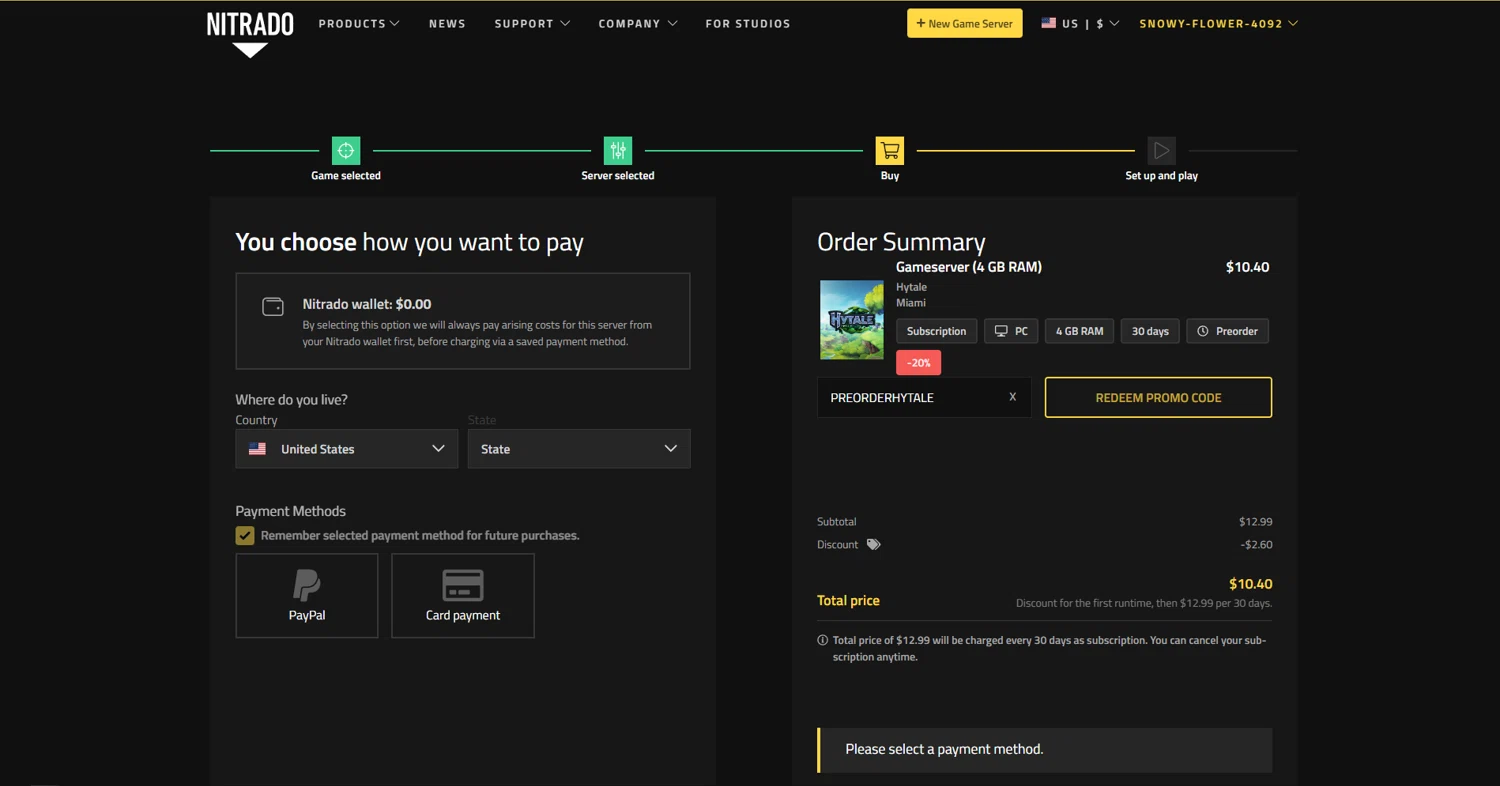 Nitrado promo code screenshot showing code PREORDERHYTALE applied at Nitrado checkout page. Uploaded by SimplyCodes community member vctr7w7x on Dec 23, 2025
