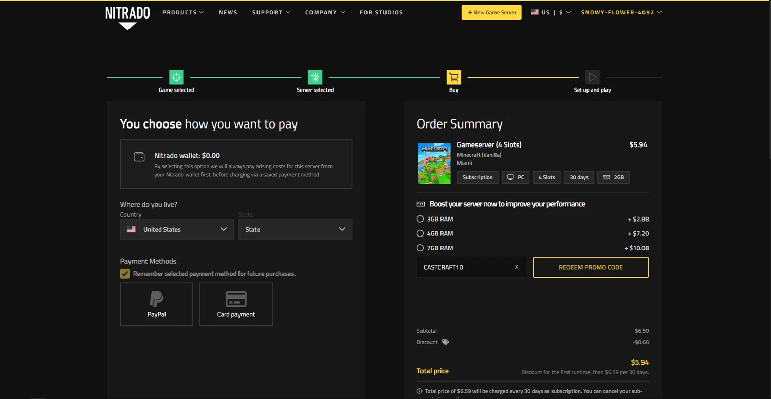Nitrado promo code screenshot showing code CASTCRAFT10 applied at Nitrado checkout page. Uploaded by SimplyCodes community member vctr7w7x on Nov 7, 2025