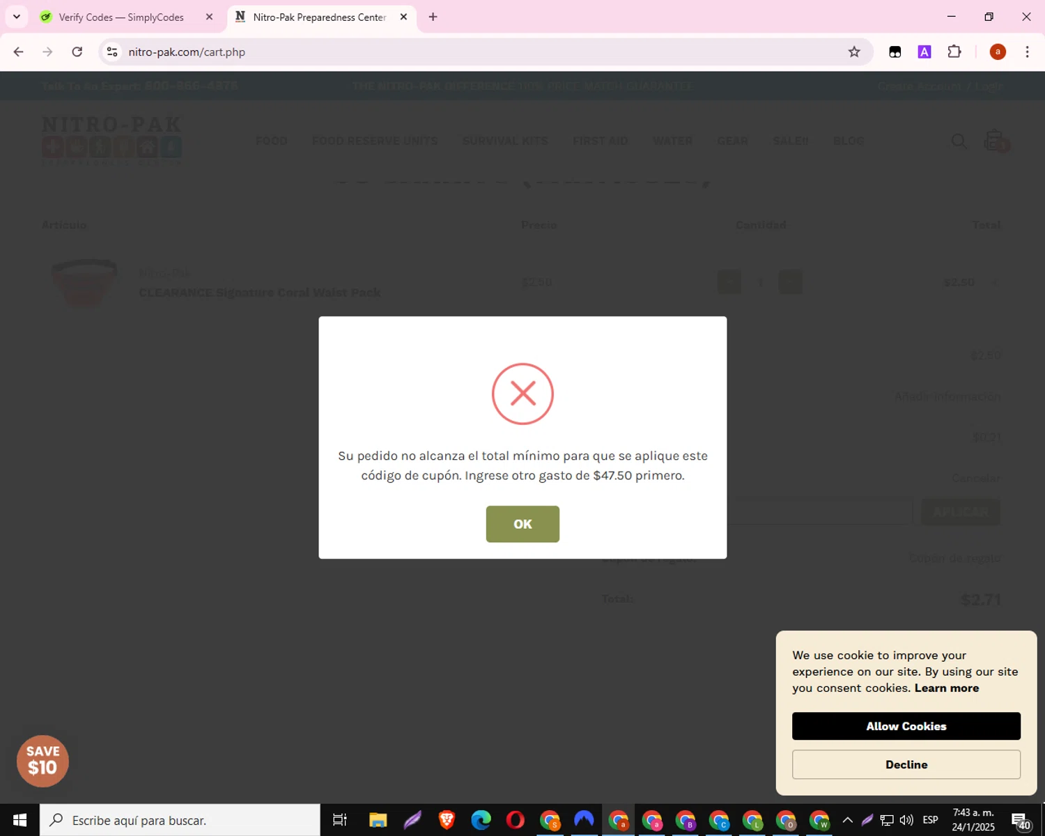 Nitro-Pak promo code screenshot showing code Stockup applied at Nitro-Pak checkout page. Uploaded by SimplyCodes community member PrimePro2711 on Jan 24, 2025
