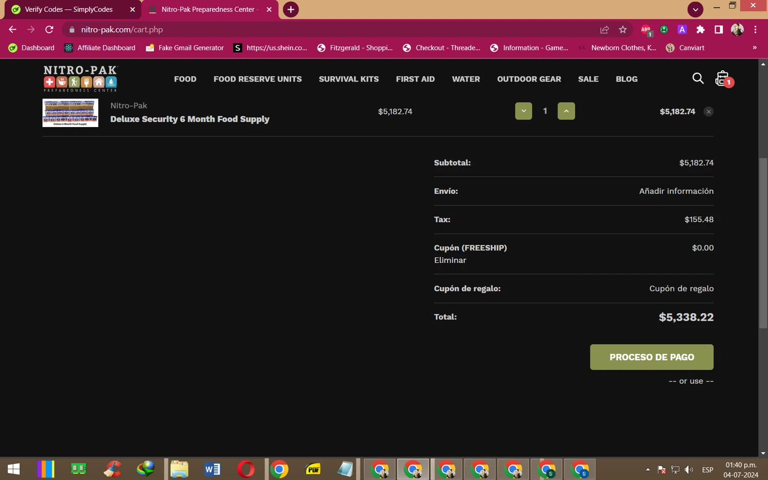 Nitro-Pak checkout page showing Nitro-Pak promo code box | Screenshot taken by SimplyCodes community member on Jul 4, 2024