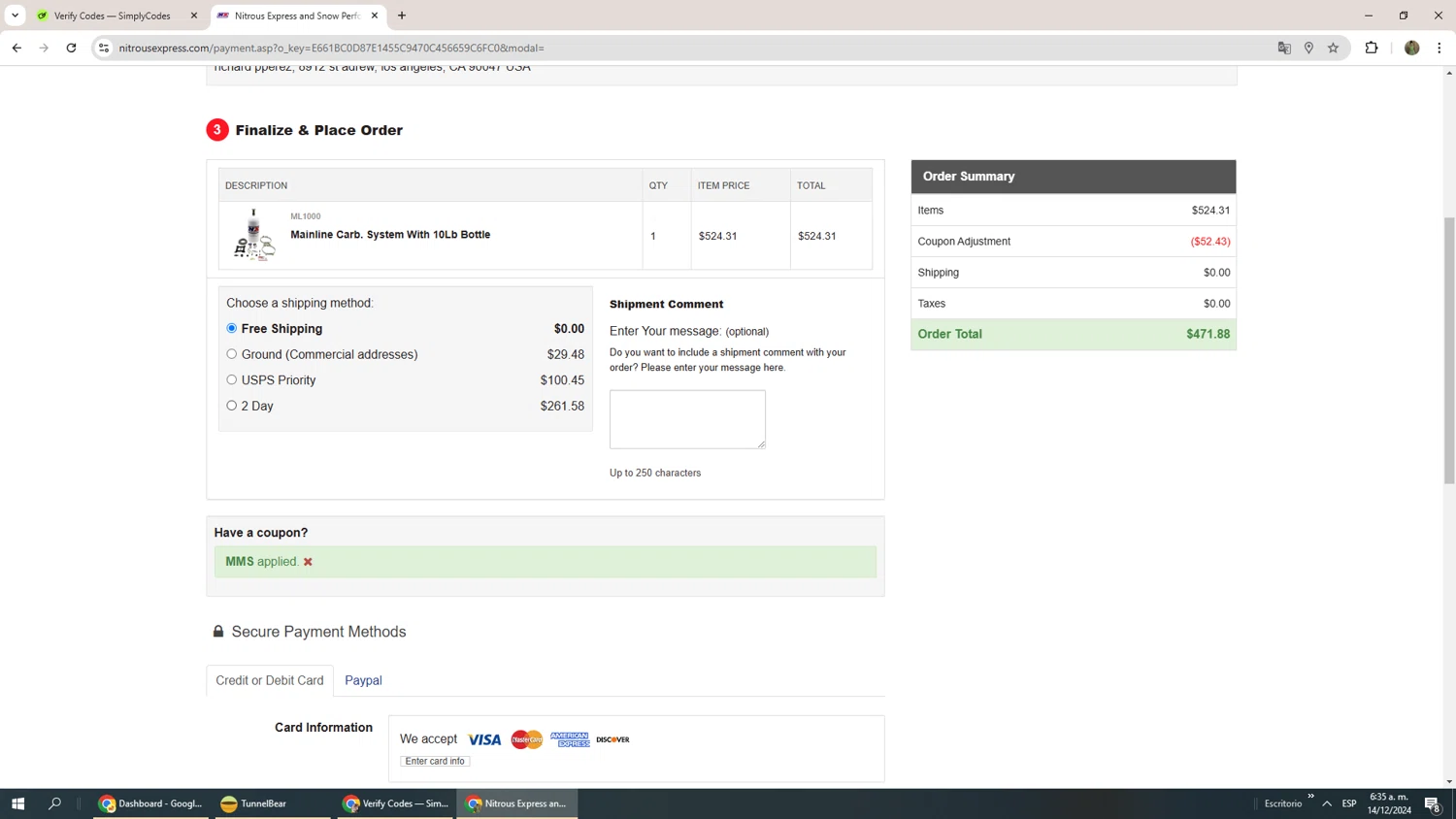 Nitrous Express checkout page showing Nitrous Express coupon code box | Screenshot taken by SimplyCodes community member on Dec 14, 2024