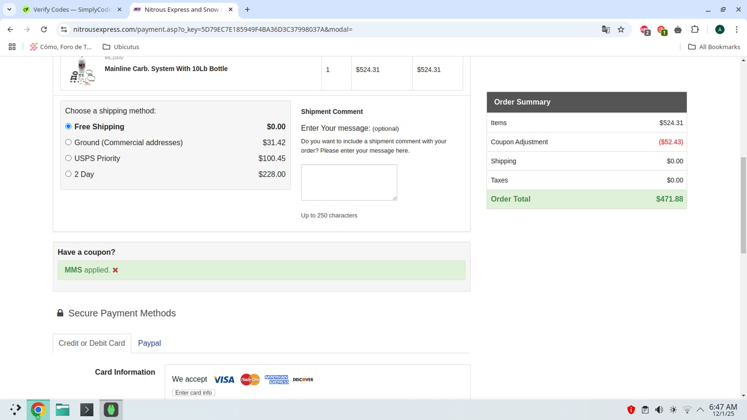 Nitrous Express checkout page showing Nitrous Express coupon code box | Screenshot taken by SimplyCodes community member on Jan 12, 2025