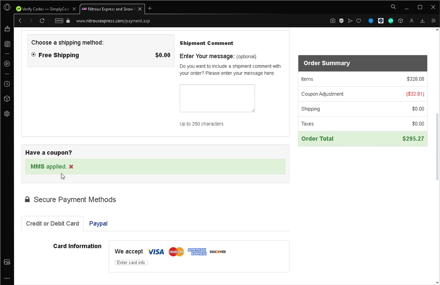 Nitrous Express checkout page showing Nitrous Express coupon code box | Screenshot taken by SimplyCodes community member on Sep 18, 2024