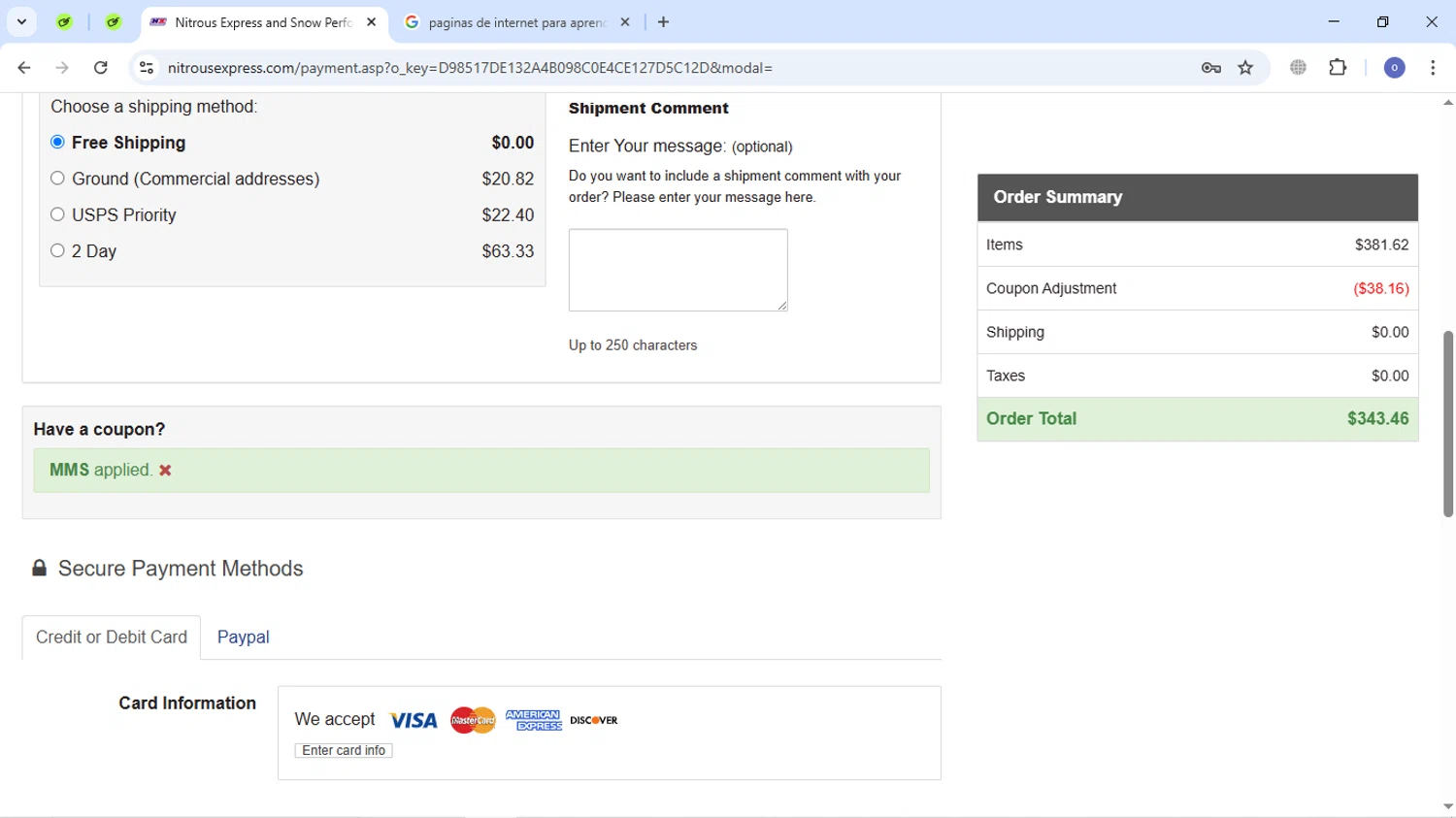 Nitrous Express coupon code screenshot showing code MMS applied at Nitrous Express checkout page. Uploaded by SimplyCodes community member MightyEagle390 on Mar 22, 2025