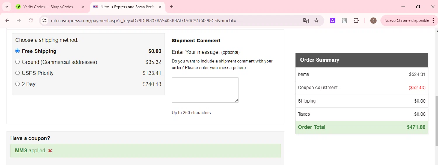 Nitrous Express checkout page showing Nitrous Express coupon code box | Screenshot taken by SimplyCodes community member on Jan 12, 2025