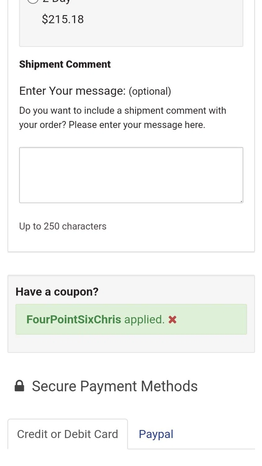 Nitrous Express coupon code screenshot showing code FourPointSixChris applied at Nitrous Express checkout page. Uploaded by SimplyCodes community member WiseCaptain5299 on Dec 27, 2024