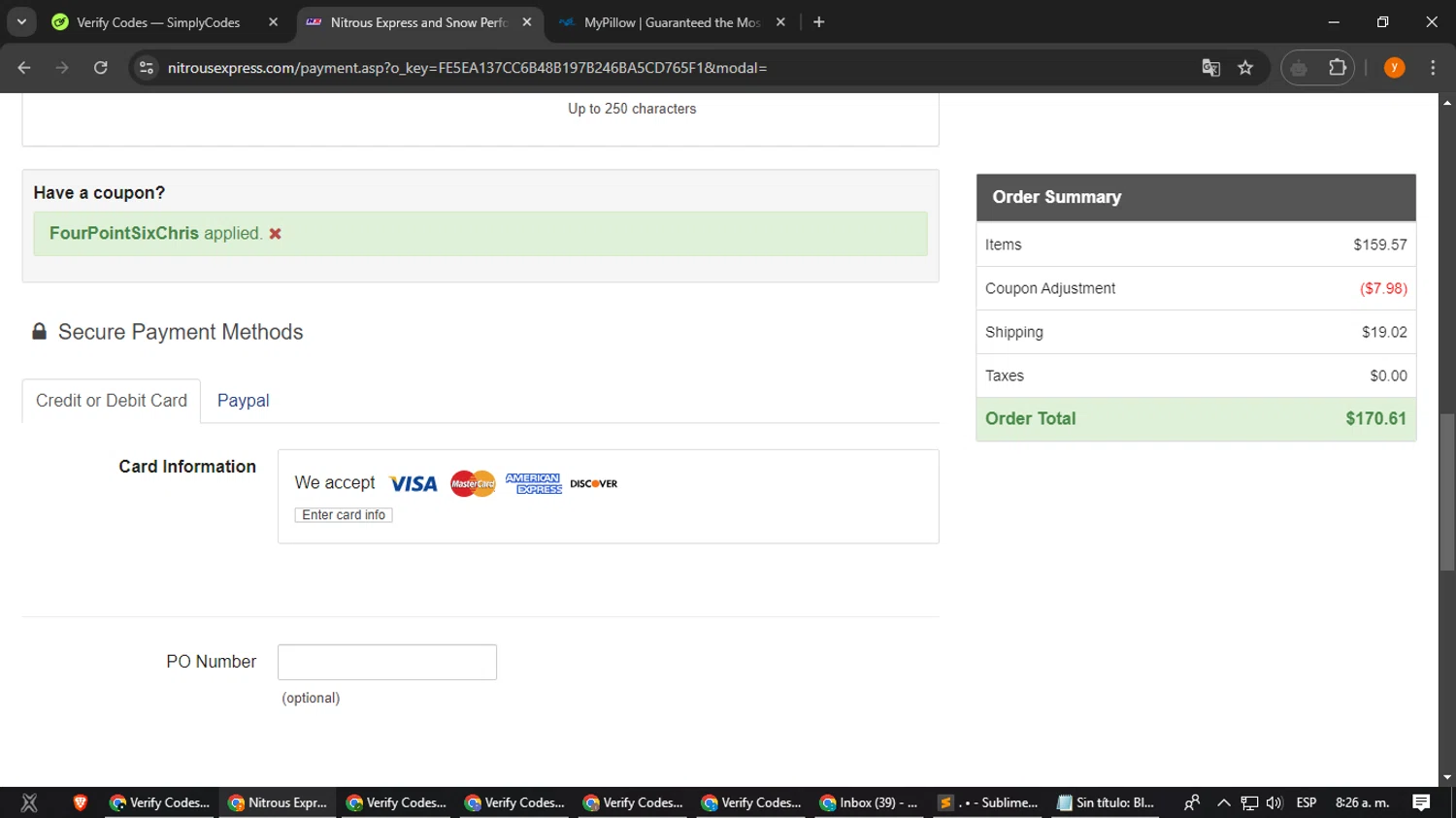 Nitrous Express coupon code screenshot showing code FourPointSixChris applied at Nitrous Express checkout page. Uploaded by SimplyCodes community member kyrspsUSer32 on Dec 27, 2024