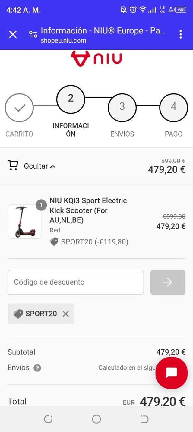 NIU DE checkout page showing NIU DE promo code box | Screenshot taken by SimplyCodes community member on Oct 9, 2023