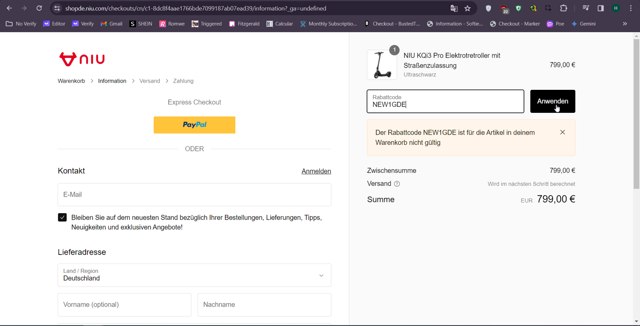 NIU DE checkout page showing NIU DE promo code box | Screenshot taken by SimplyCodes community member on Mar 2, 2024