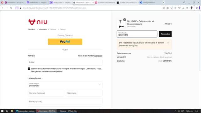 NIU DE checkout page showing NIU DE promo code box | Screenshot taken by SimplyCodes community member on Jan 4, 2024
