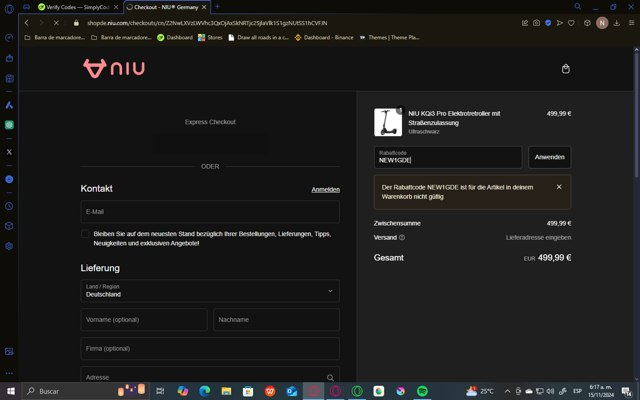 NIU DE checkout page showing NIU DE promo code box | Screenshot taken by SimplyCodes community member on Nov 15, 2024