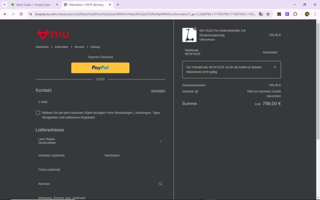 NIU DE checkout page showing NIU DE promo code box | Screenshot taken by SimplyCodes community member on Apr 29, 2024