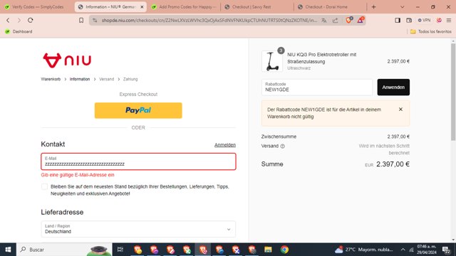 NIU DE checkout page showing NIU DE promo code box | Screenshot taken by SimplyCodes community member on Apr 29, 2024