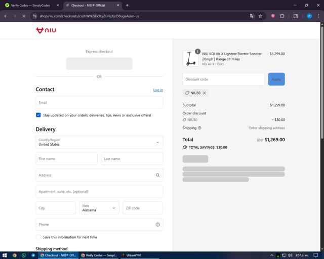 NIU checkout page showing NIU discount code box | Screenshot taken by SimplyCodes community member on Sep 7, 2025