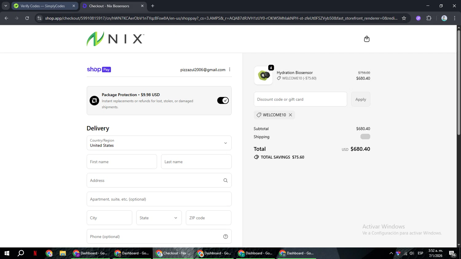 Nix Biosensors promo code screenshot showing code WELCOME10 applied at Nix Biosensors checkout page. Uploaded by SimplyCodes community member ShrewdSeeker6165 on Jan 7, 2026