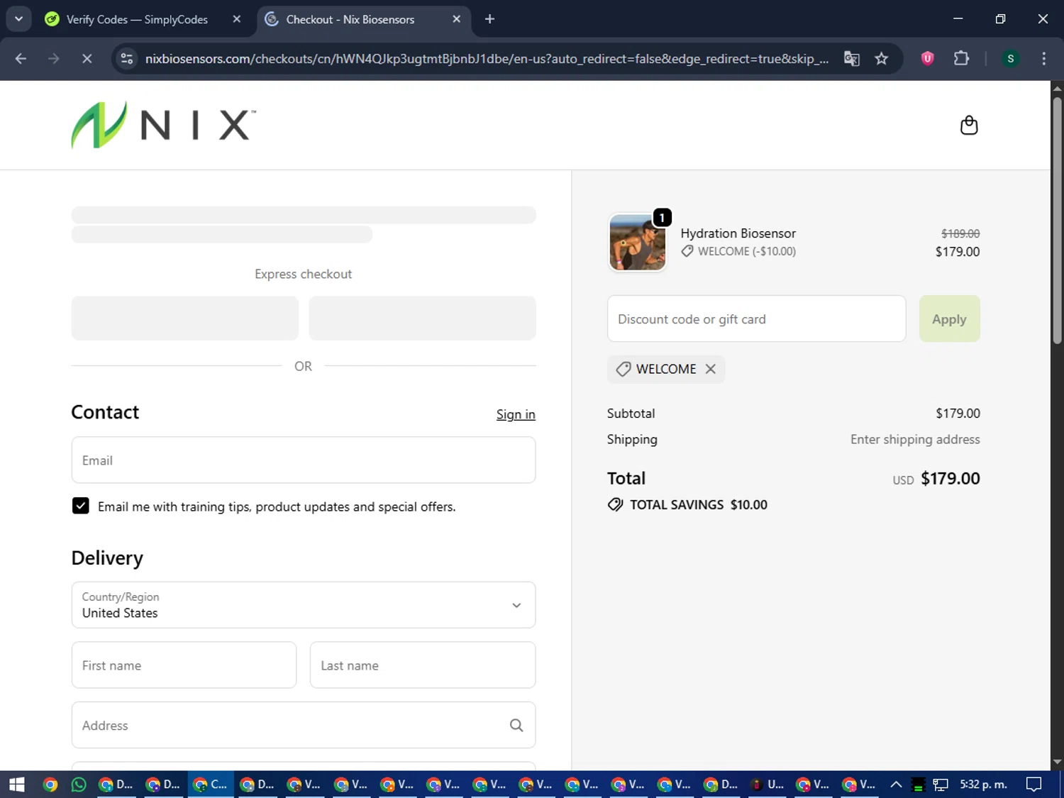 Nix Biosensors promo code screenshot showing code WELCOME applied at Nix Biosensors checkout page. Uploaded by SimplyCodes community member lilMosey on Oct 22, 2025
