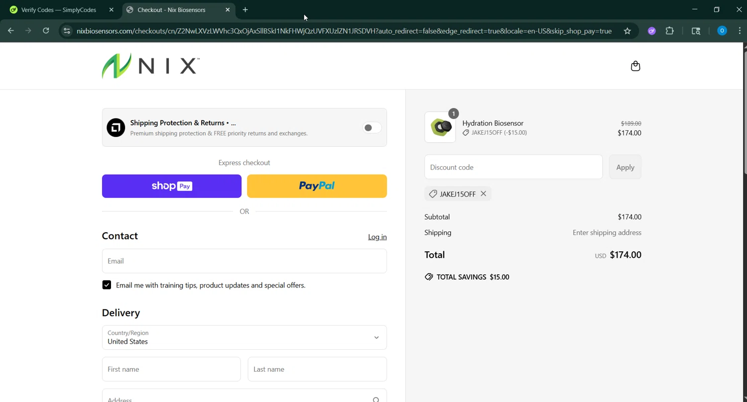 Nix Biosensors promo code screenshot showing code JAkej15off applied at Nix Biosensors checkout page. Uploaded by SimplyCodes community member RoyalSage9159 on Jun 22, 2025