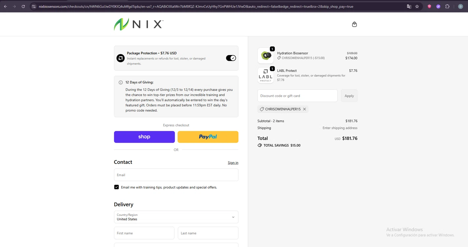 Nix Biosensors promo code screenshot showing code CHRISOWENHALPER15 applied at Nix Biosensors checkout page. Uploaded by SimplyCodes community member EpicAdmiral3292 on Dec 10, 2025