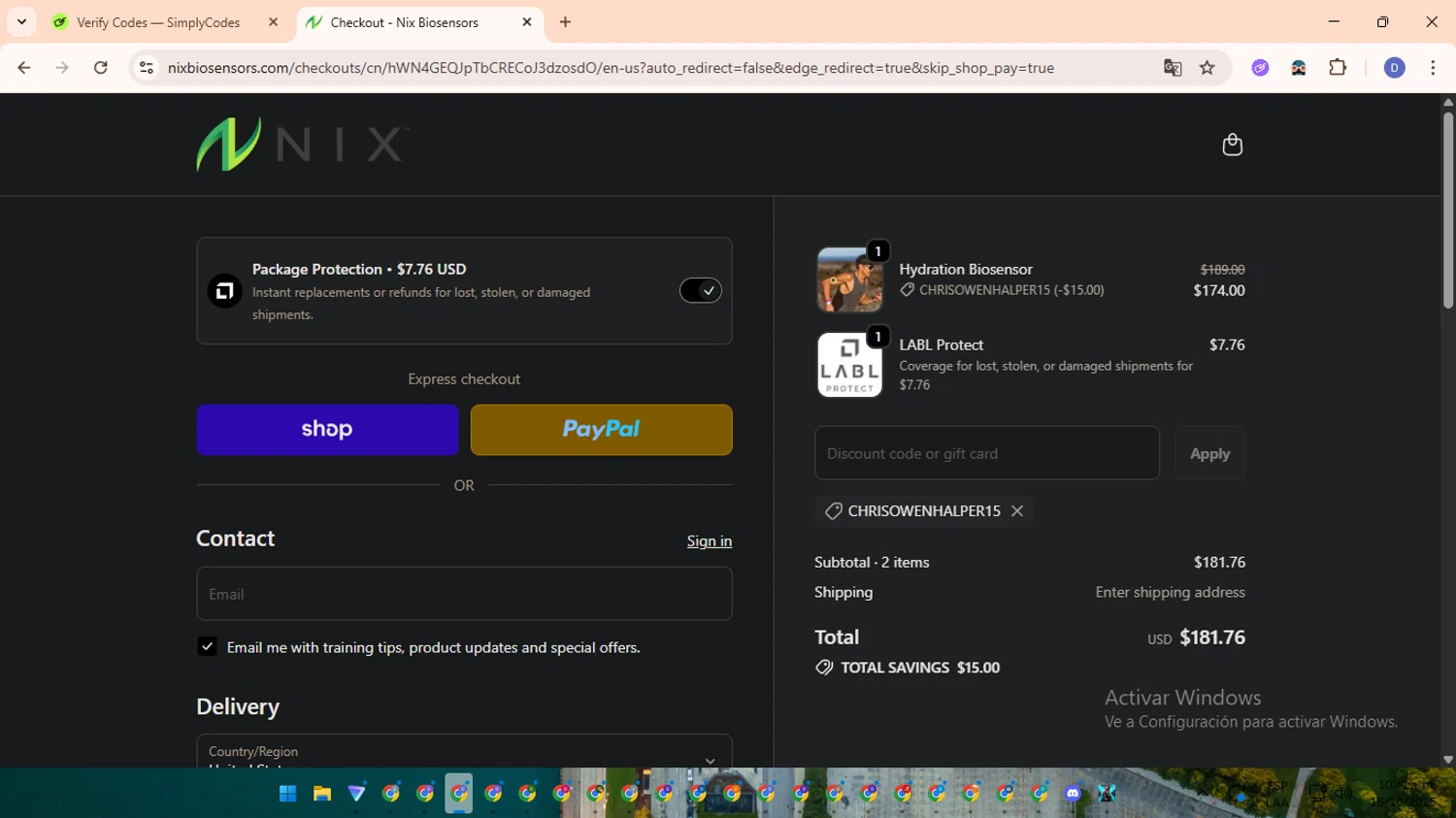 Nix Biosensors promo code screenshot showing code CHRISOWENHALPER15 applied at Nix Biosensors checkout page. Uploaded by SimplyCodes community member RewardOwl5959 on Oct 18, 2025