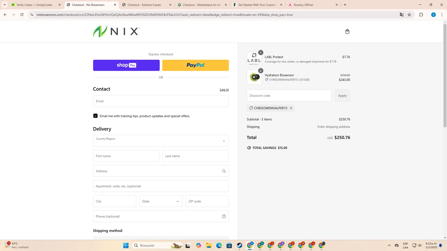 Nix Biosensors promo code screenshot showing code CHRISOWENHALPER15 applied at Nix Biosensors checkout page. Uploaded by SimplyCodes community member SalvadorC1 on Feb 2, 2025