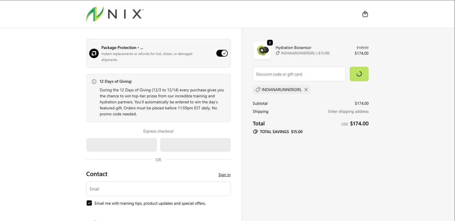 Nix Biosensors promo code screenshot showing code indianarunnergirl applied at Nix Biosensors checkout page. Uploaded by SimplyCodes community member BrillianteMaestro892 on Dec 10, 2025