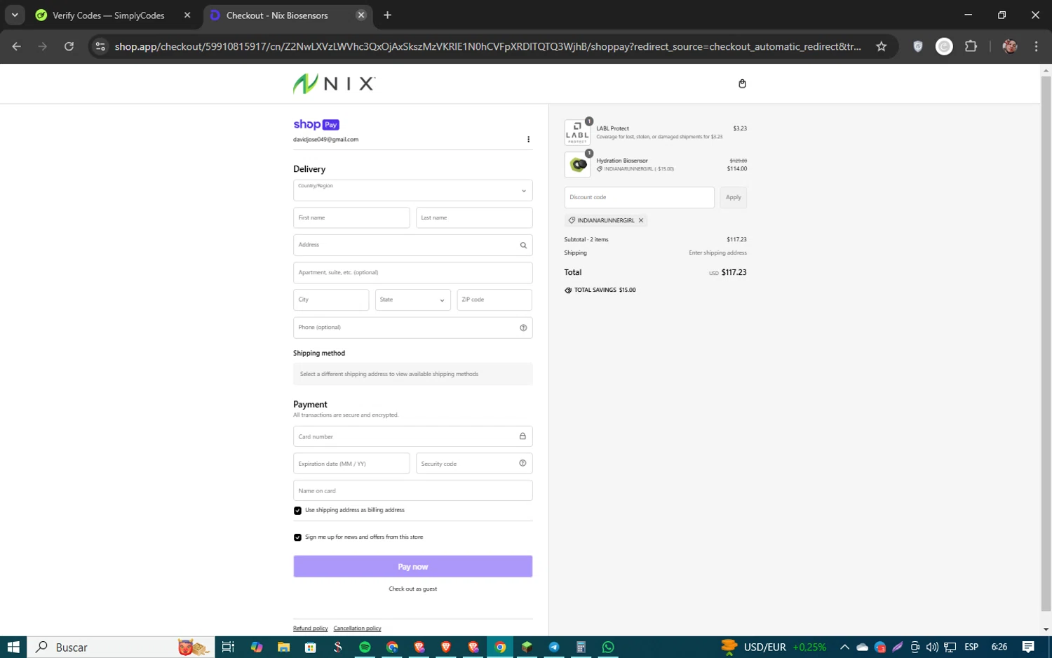 Nix Biosensors promo code screenshot showing code indianarunnergirl applied at Nix Biosensors checkout page. Uploaded by SimplyCodes community member 61451681 on Feb 2, 2025
