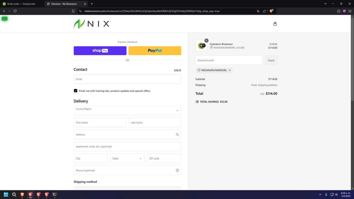Nix Biosensors promo code screenshot showing code indianarunnergirl applied at Nix Biosensors checkout page. Uploaded by SimplyCodes community member RANK1VERIFIED on Feb 2, 2025