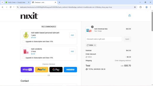 Nixit checkout page showing Nixit discount code box | Screenshot taken by SimplyCodes community member on Jul 22, 2025