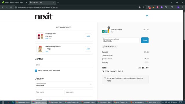 Nixit checkout page showing Nixit discount code box | Screenshot taken by SimplyCodes community member on Jul 21, 2025