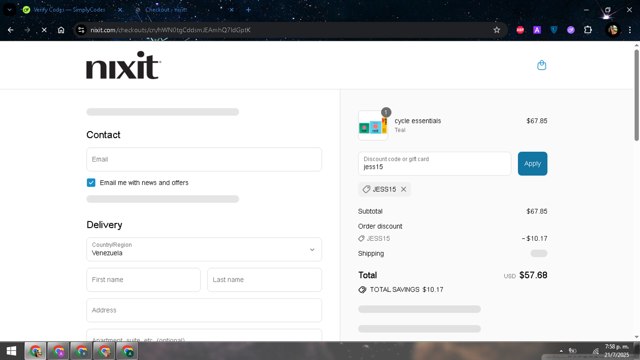 Nixit checkout page showing Nixit discount code box | Screenshot taken by SimplyCodes community member on Jul 21, 2025