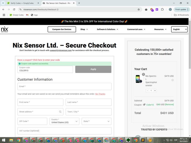 Nix Sensor checkout page showing Nix Sensor discount code box | Screenshot taken by SimplyCodes community member on Mar 21, 2025