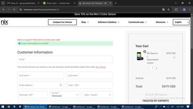Nix Sensor checkout page showing Nix Sensor discount code box | Screenshot taken by SimplyCodes community member on Nov 19, 2024